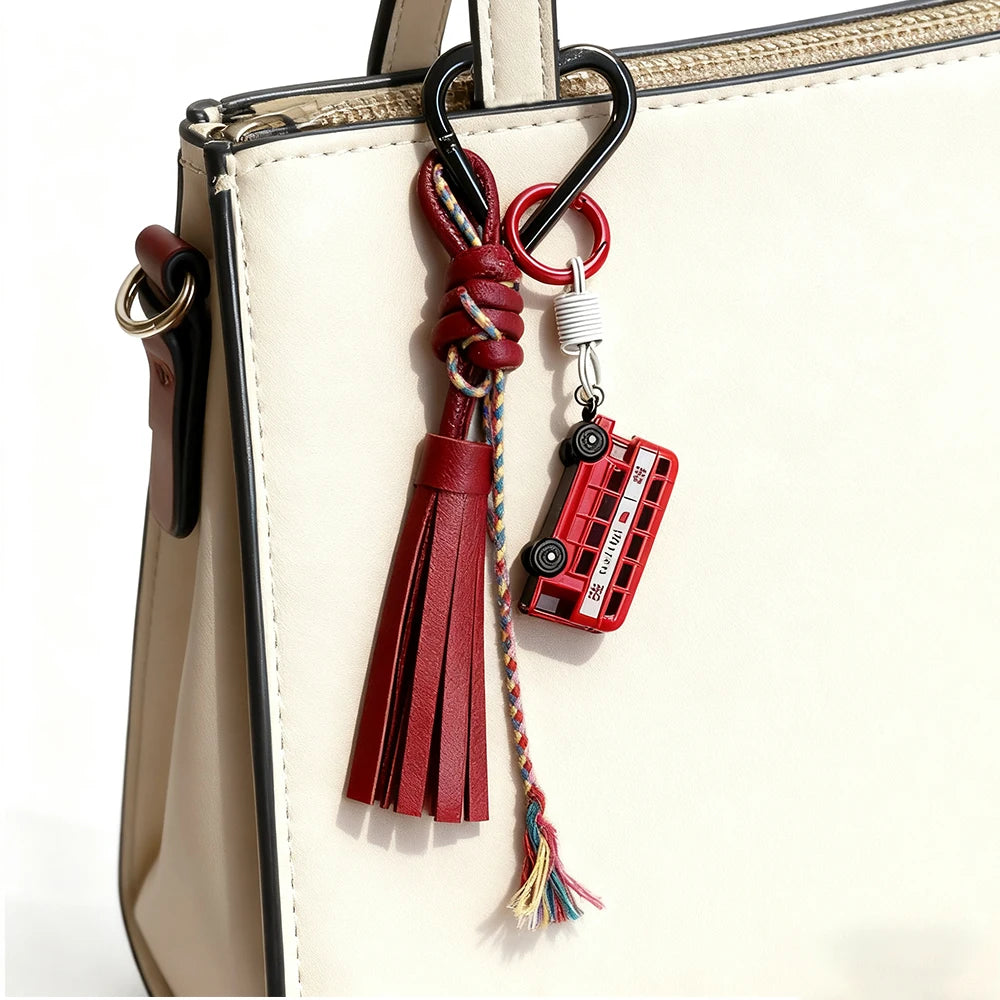 British Red Bus Telephone Booth Leather Keychain
