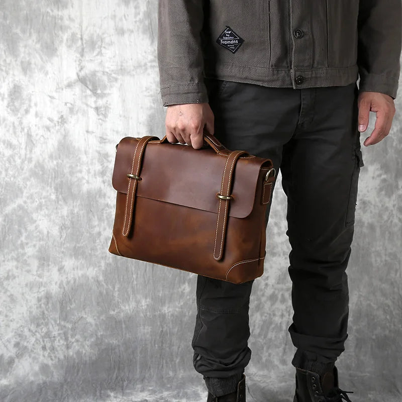 Vintage Leather Satchel - Premium Cowhide Messenger Bag for Men