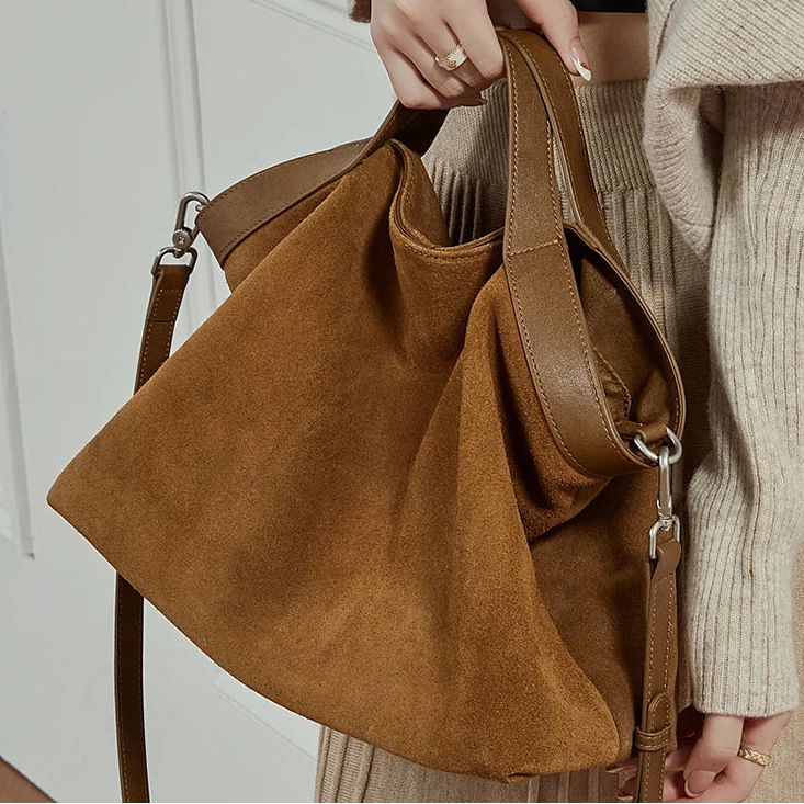 Women's Vintage Suede Tote Bag - Brown - Carry-Work - P114