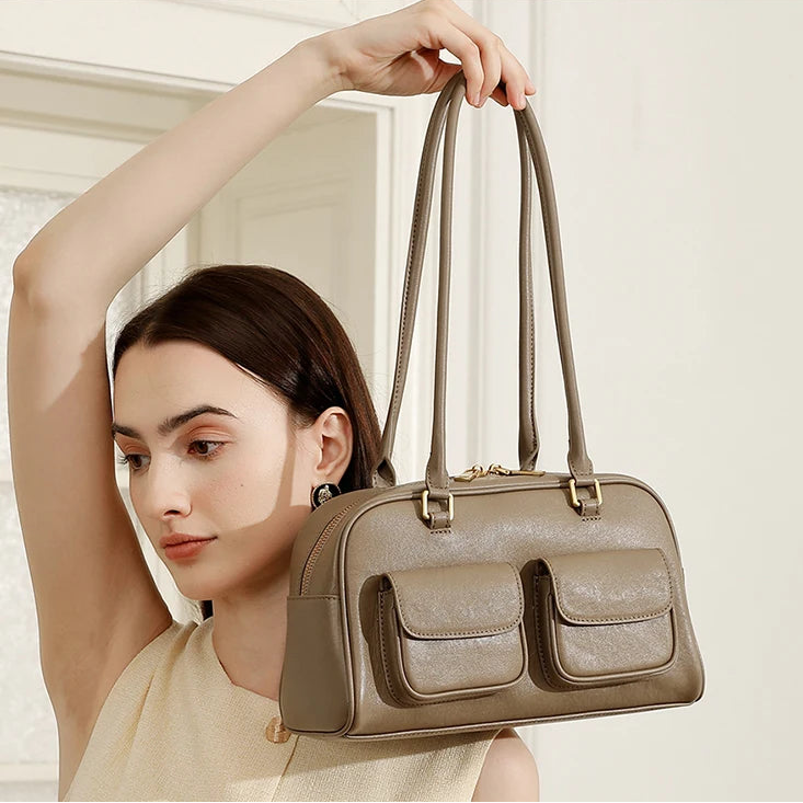 Genuine Leather Retro Bowling Bag - Women's Shoulder Boston Bag