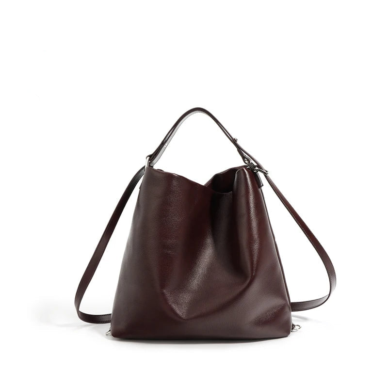 Women's Multifunctional Genuine Leather Bucket Tote Bag - Versatile Shoulder Messenger for Shopping & Commuting