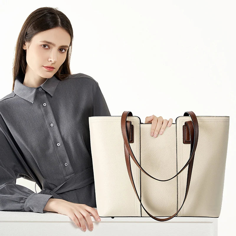 Women's Large Capacity Leather Tote Bag - Luxury Cowhide Shoulder Handbag with Laptop Compartment