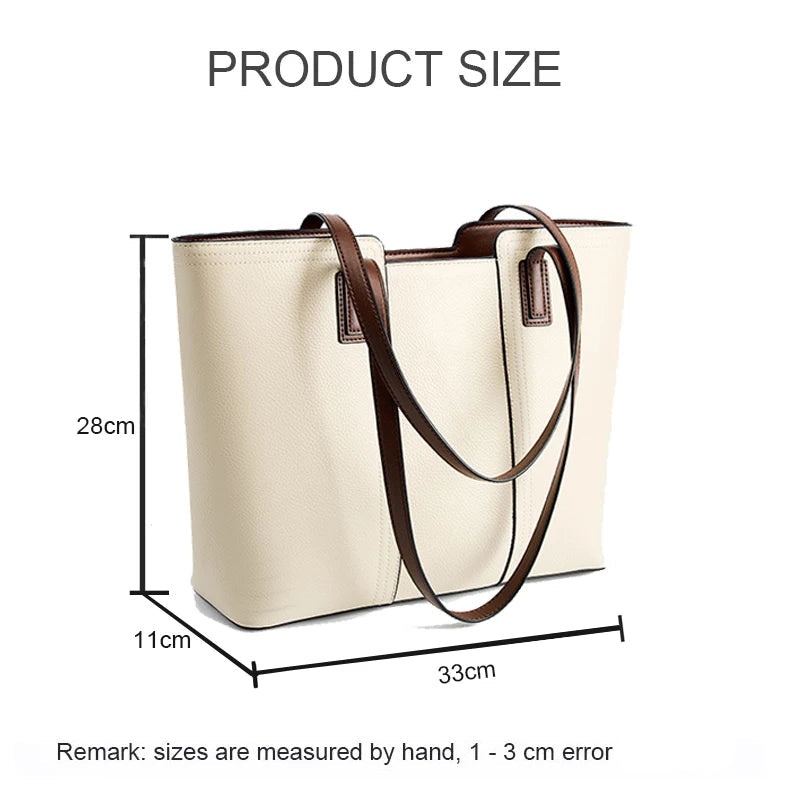 Women's Large Capacity Leather Tote Bag - Luxury Cowhide Shoulder Handbag with Laptop Compartment