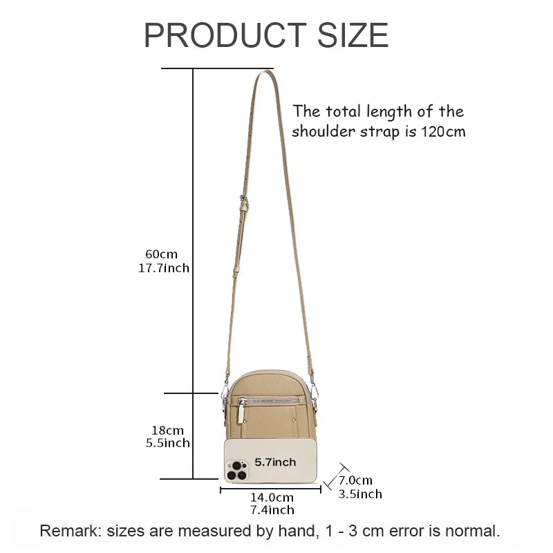 Mini genuine leather crossbody bag — size reference and strap length detail, 14x7x18cm