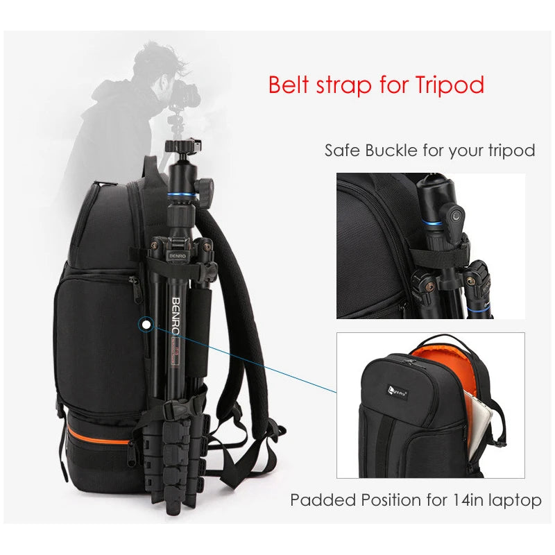 Professional Waterproof Camera Backpack - 15.6" Laptop Photography Bag with Reflector Stripe & Tripod Holder