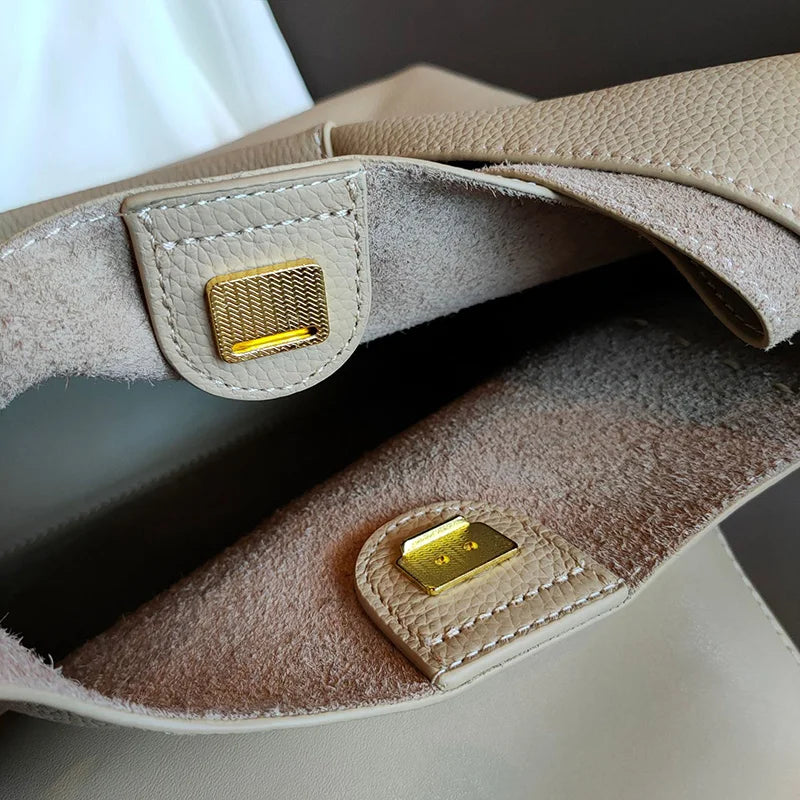 Women's Luxury Togo Leather Bucket Tote Bag - Large Capacity Soft Cowhide Shoulder Handbag with Pouch