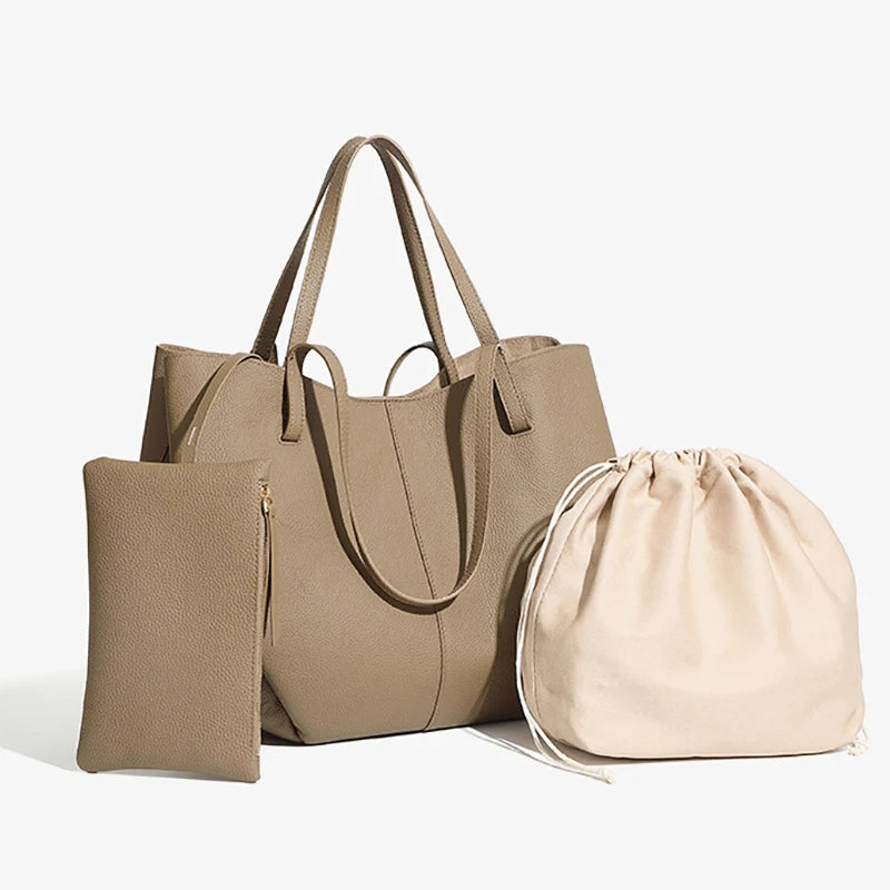 Women's Top Grain Leather Spacious Tote Bag - Minimalist Convertible Market Shopping Handbag
