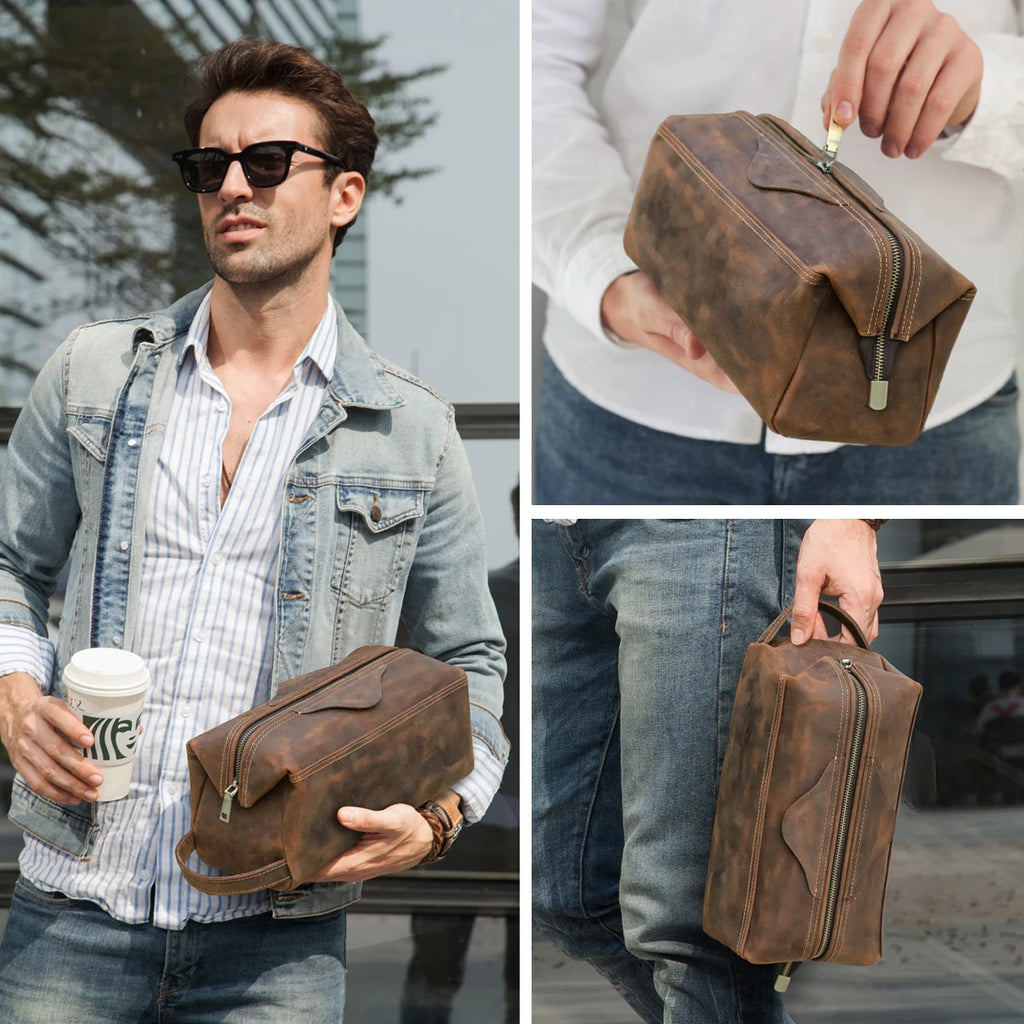 Premium Genuine Leather Clutch Bag for Men - Large Capacity Travel Organizer & Cosmetic Tote