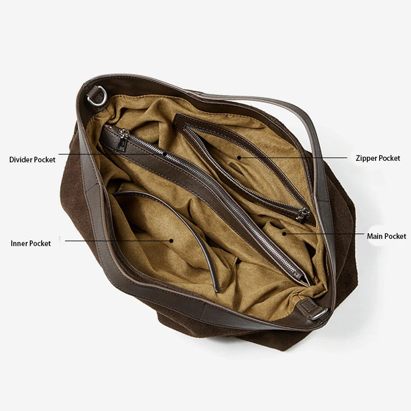 Suede Tote Bag Interior - Zipper Pocket and Slot Organizer Detail - Carry-Work - P114